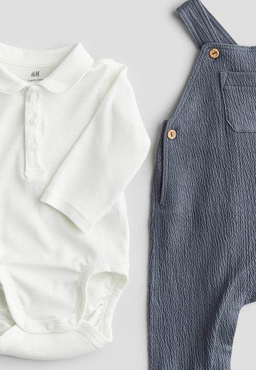 H&M - 2-piece bodysuit and dungaree set - dusty blue/white 