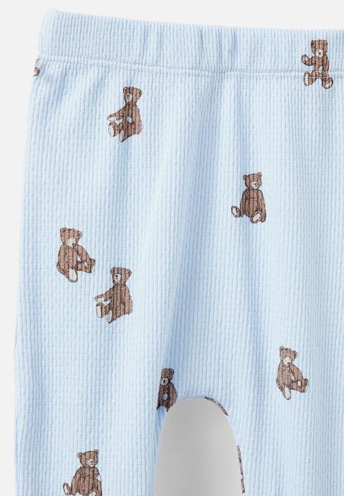Cotton On - Organic pointelle footed legging - white water blue/vintage teddy bears