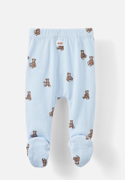 Cotton On - Organic pointelle footed legging - white water blue/vintage teddy bears