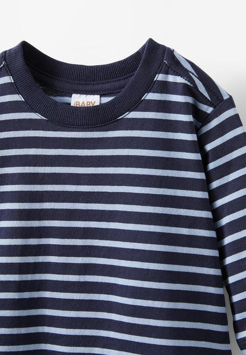 Cotton On - Jamie long sleeve graphic print tee - navy ink/dusty blue stripe