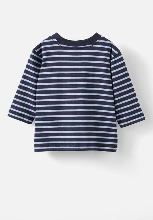 Cotton On - Jamie long sleeve graphic print tee - navy ink/dusty blue stripe