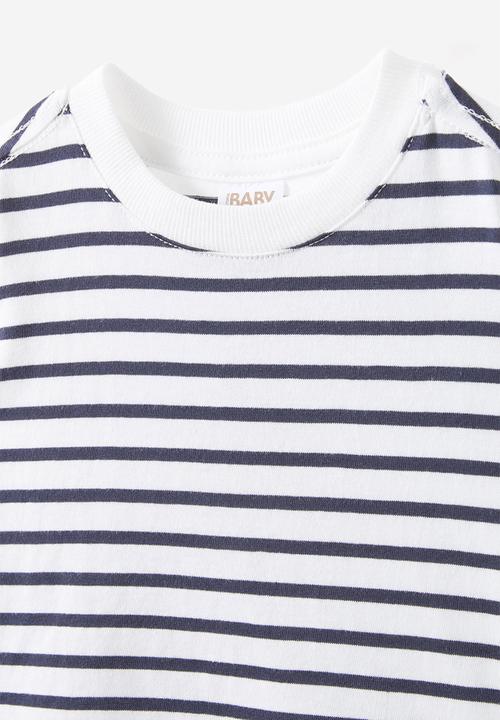Cotton On - Jamie long sleeve graphic print tee - vanilla/navy ink stripe