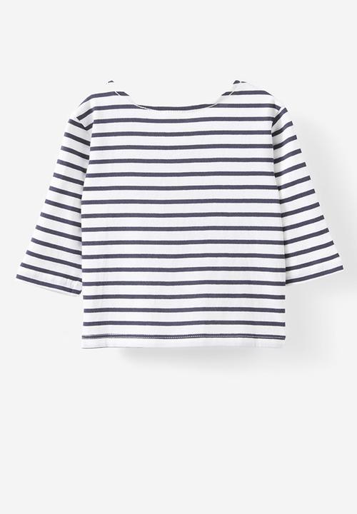 Cotton On - Jamie long sleeve graphic print tee - vanilla/navy ink stripe
