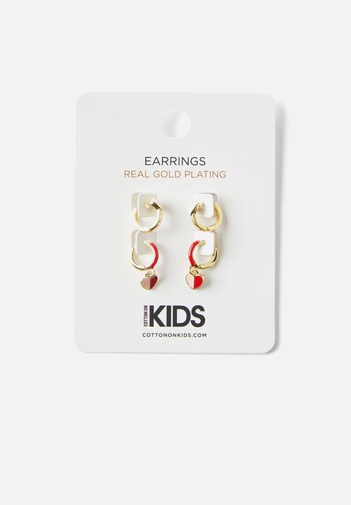 Cotton On - Kids earring set - 12k gold plated pink/red heart huggies