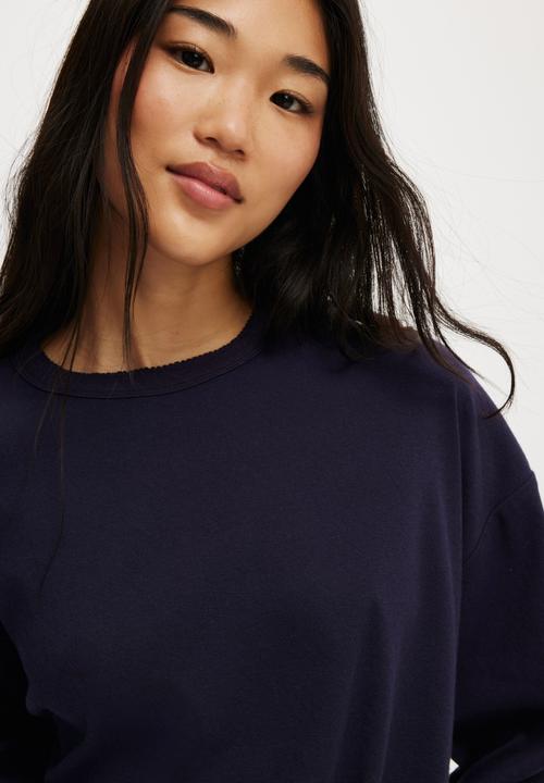 Cotton On - Pointelle Rib Long Sleeve Top - Navy Vision