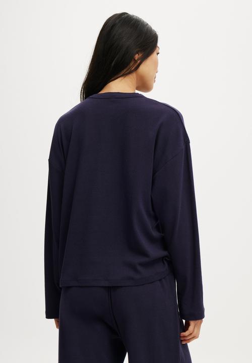 Cotton On - Pointelle Rib Long Sleeve Top - Navy Vision