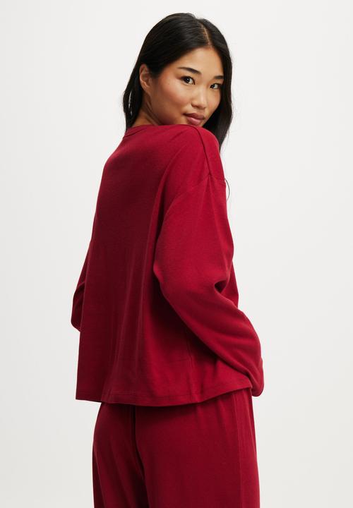 Cotton On - Pointelle Rib Long Sleeve Top - Deep Red