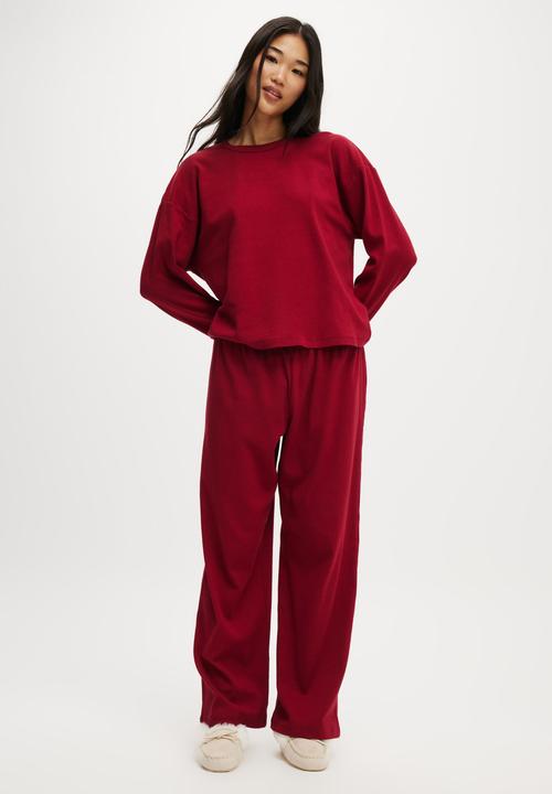 Cotton On - Pointelle Rib Long Sleeve Top - Deep Red