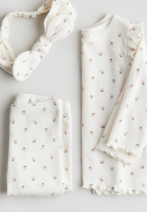 H&M - 3-Piece ribbed cotton set - white floral