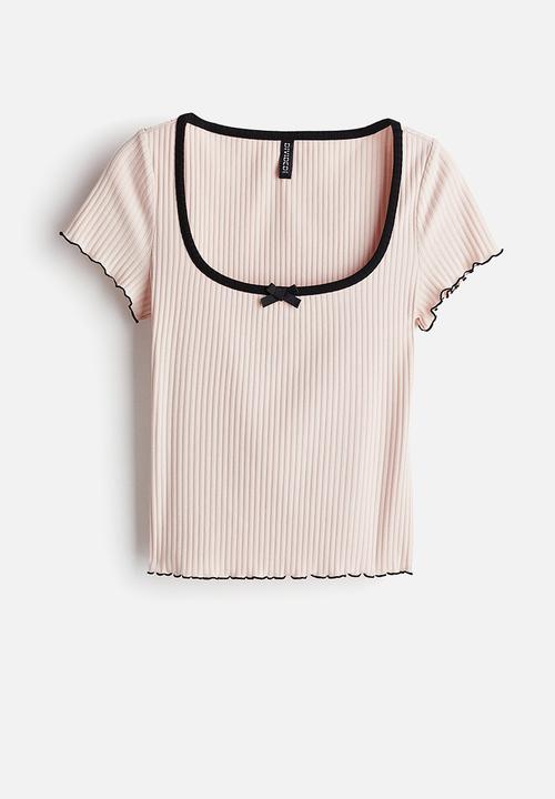 H&M - Overlock-detail ribbed top - light pink