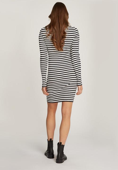 Calvin Klein - Woven Label Tight Sweater Dress - Ivory / Ck Black Stripe