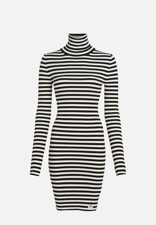 Calvin Klein - Woven Label Tight Sweater Dress - Ivory / Ck Black Stripe