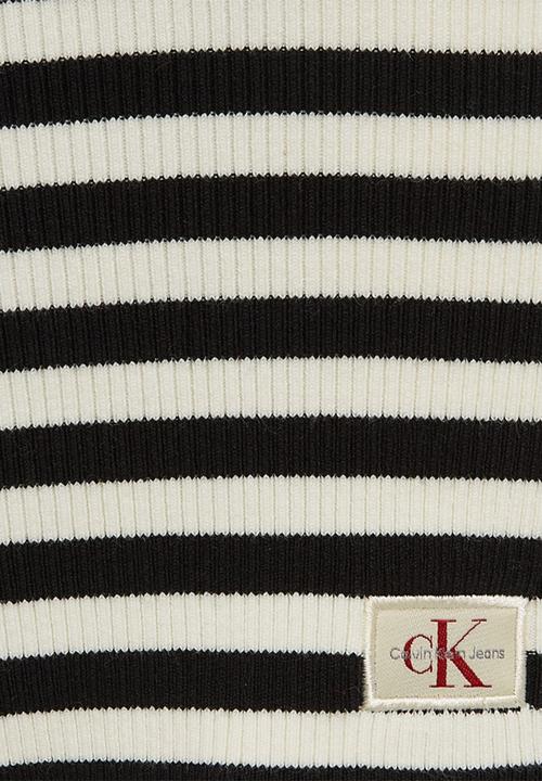 Calvin Klein - Woven Label Tight Sweater Dress - Ivory / Ck Black Stripe