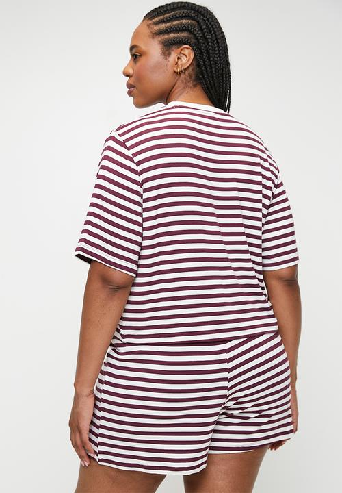Cotton On - Plus So Soft Short Sleeve Jersey Sleep Set - Dark Oak Claire Stripe
