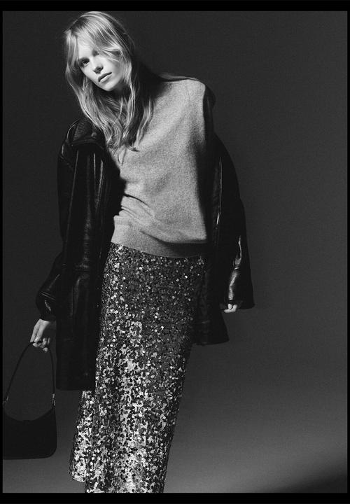 MANGO - Sequin midi skirt - Silver