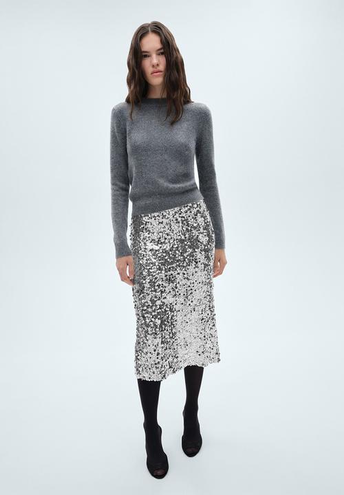 MANGO - Sequin midi skirt - Silver