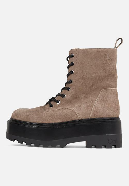 Calvin Klein - Flatform leather lace up boot - fossil/black