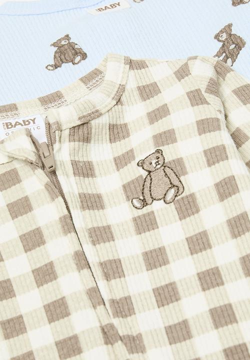 Cotton On - 2 pack organic pointelle zip romper - white water blue/vintage teddy&oatmilkgingham