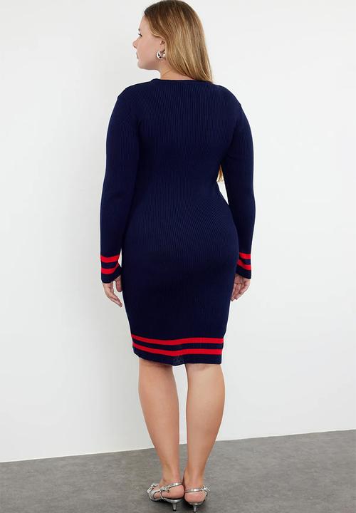 Trendyol - Plus Corduroy Knitwear Plus Size Dress - Navy Blue