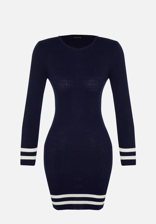 Trendyol - Mini Knitwear Striped Hem Dress - Navy Blue