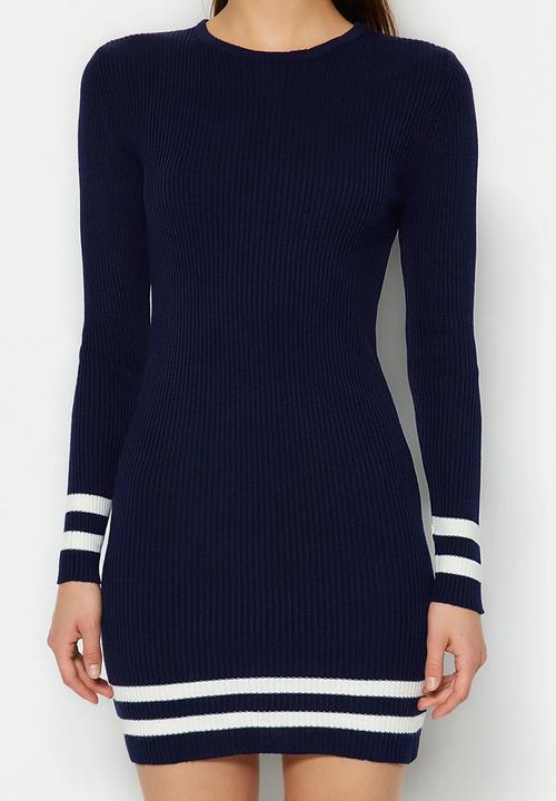 Trendyol - Mini Knitwear Striped Hem Dress - Navy Blue