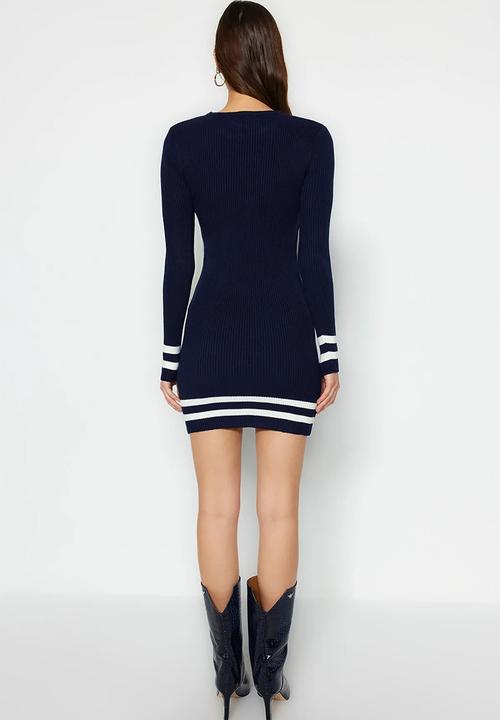 Trendyol - Mini Knitwear Striped Hem Dress - Navy Blue