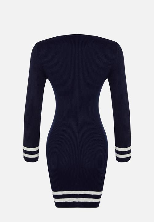 Trendyol - Mini Knitwear Striped Hem Dress - Navy Blue