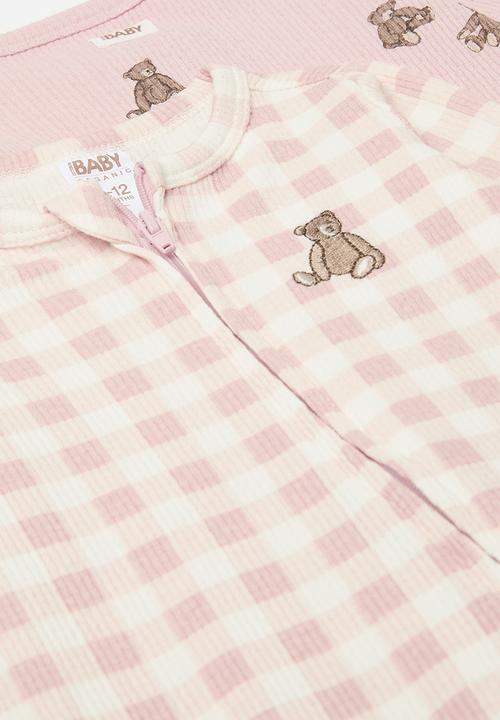 Cotton On - 2 pack organic pointelle zip romper - zephyr vintage teddy bear & zephyr gingham
