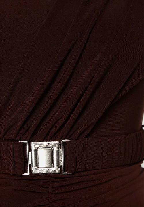 Trendyol - High Neck Draped Belt Knitted Dress - Brown