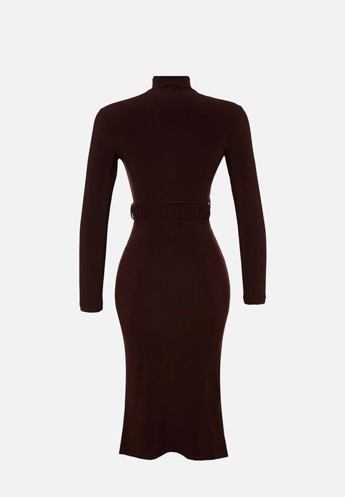 Trendyol - High Neck Draped Belt Knitted Dress - Brown