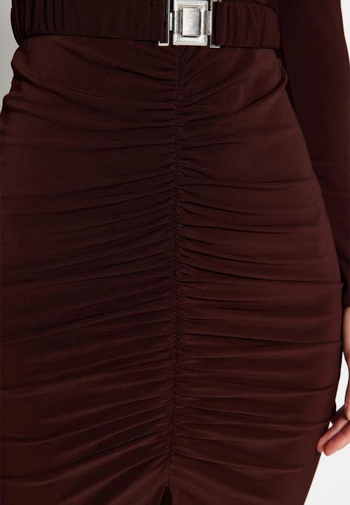 Trendyol - High Neck Draped Belt Knitted Dress - Brown