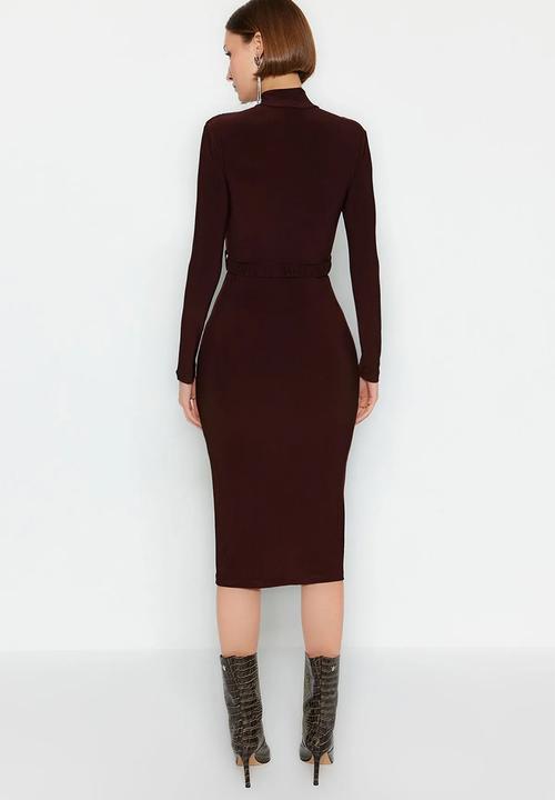 Trendyol - High Neck Draped Belt Knitted Dress - Brown