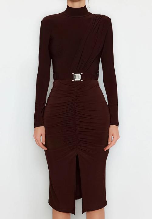 Trendyol - High Neck Draped Belt Knitted Dress - Brown