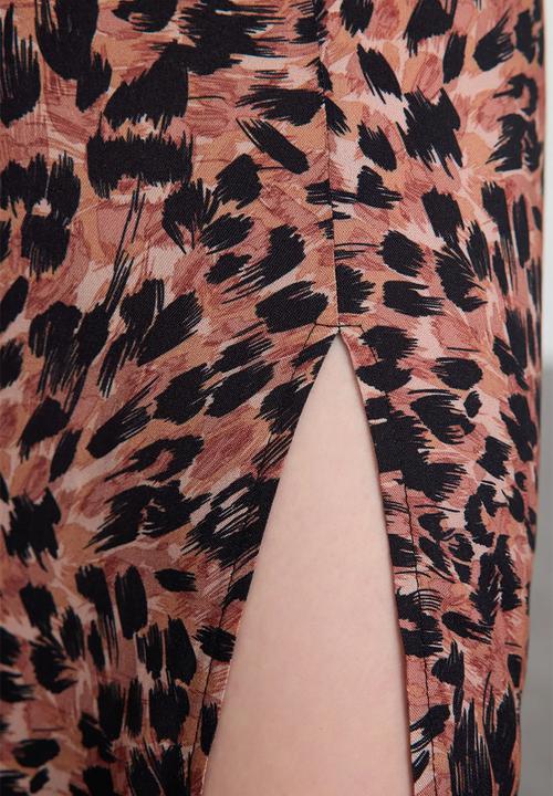 Trendyol - Animal Pattern Slit Midi Woven Skirt - Brown 