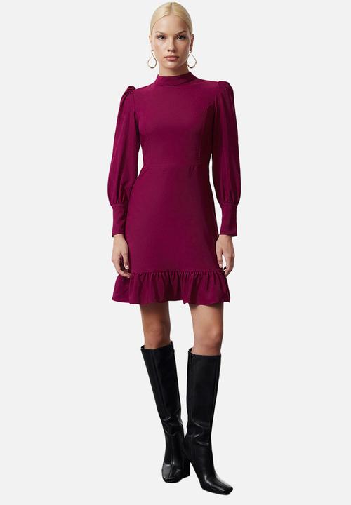 Trendyol - Purple High Collar A-Line Gathered Mini Woven Dress