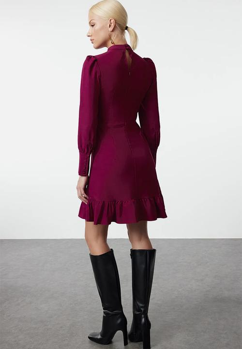 Trendyol - Purple High Collar A-Line Gathered Mini Woven Dress