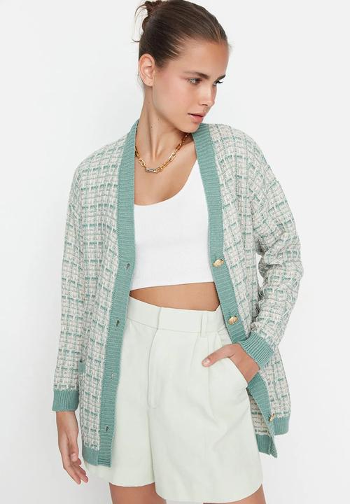 Trendyol - Mint Wide Fit Tweed Look Glittery Knitted Cardigan