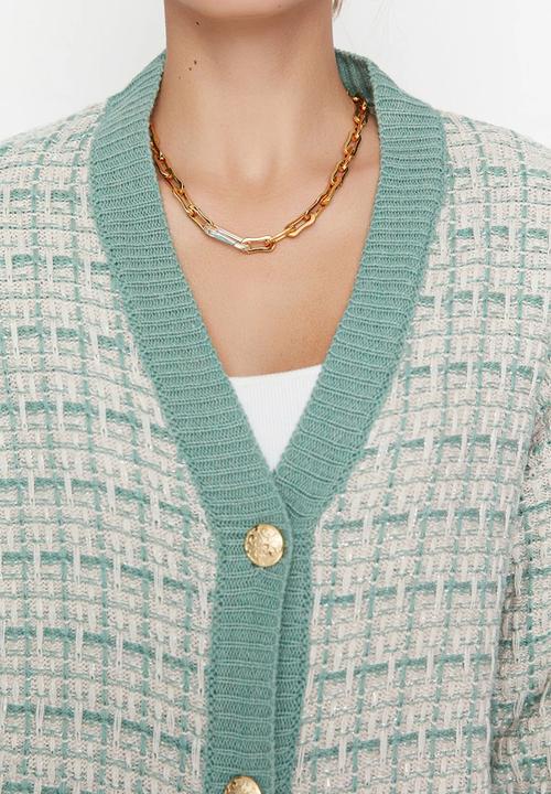 Trendyol - Mint Wide Fit Tweed Look Glittery Knitted Cardigan