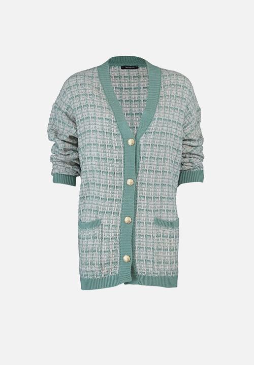 Trendyol - Mint Wide Fit Tweed Look Glittery Knitted Cardigan