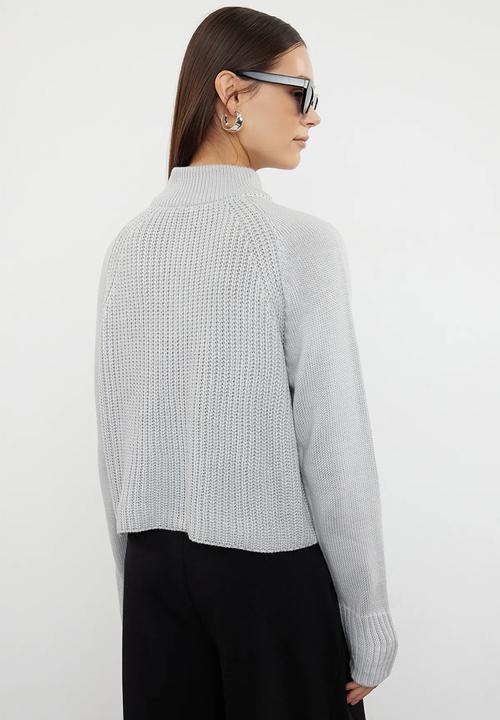 Trendyol - Zippered crop stand collar knitwear sweater - grey