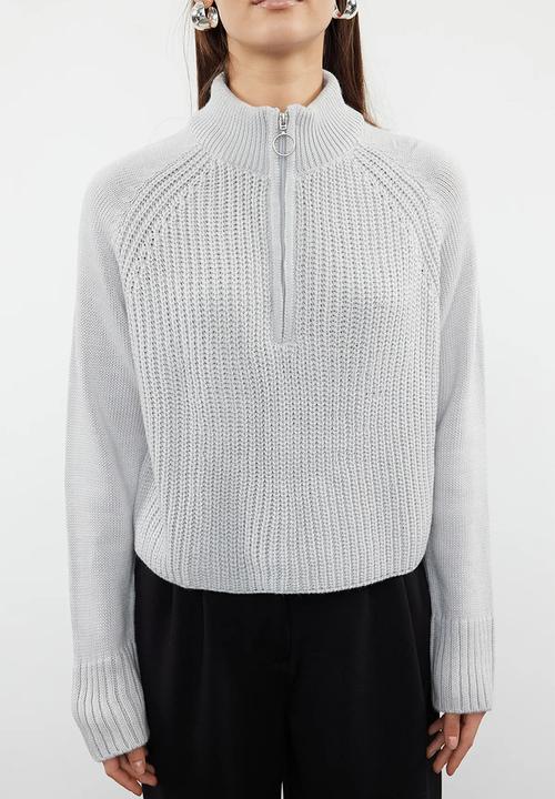 Trendyol - Zippered crop stand collar knitwear sweater - grey
