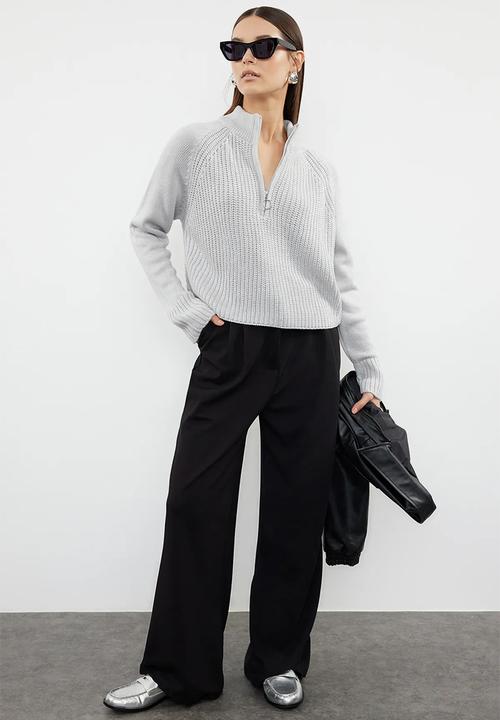 Trendyol - Zippered crop stand collar knitwear sweater - grey