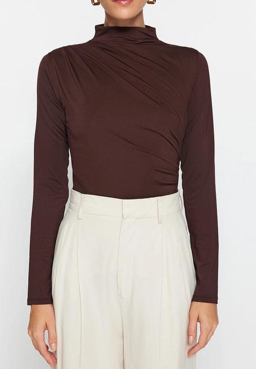 Trendyol - Gathered High Neck Snap Elastic Knitted Bodysuit - Brown