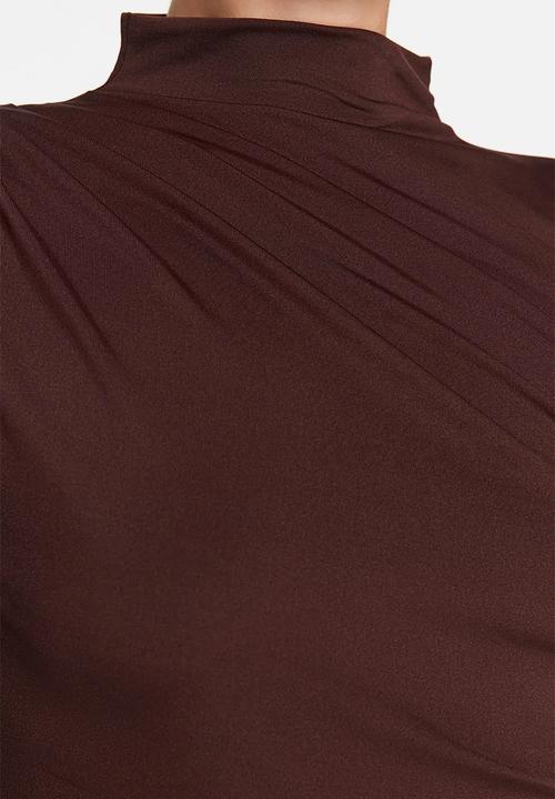 Trendyol - Gathered High Neck Snap Elastic Knitted Bodysuit - Brown