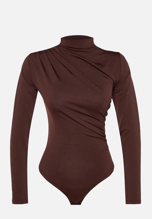 Trendyol - Gathered High Neck Snap Elastic Knitted Bodysuit - Brown