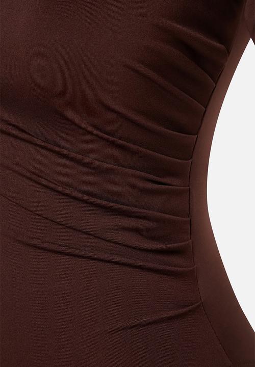 Trendyol - Gathered High Neck Snap Elastic Knitted Bodysuit - Brown