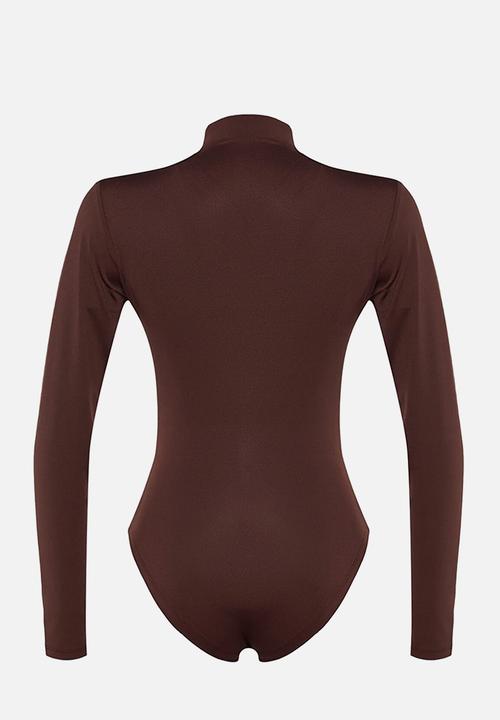 Trendyol - Gathered High Neck Snap Elastic Knitted Bodysuit - Brown