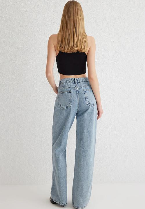 Trendyol - Dart Detail High Waist Long Straight Jeans - Blue 