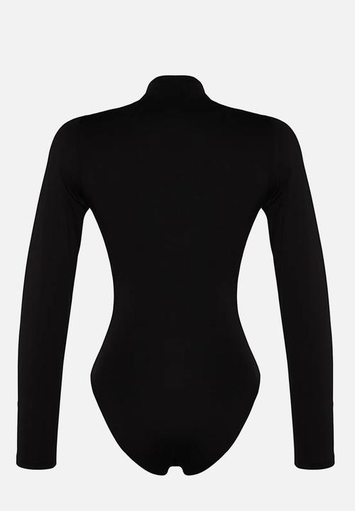 Trendyol - Drawstring detailed high neck knitted bodysuit - black