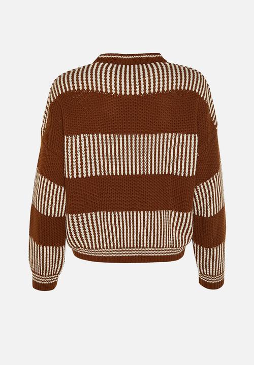 Trendyol - Wide Pattern Striped Knitted Sweater - Brown 